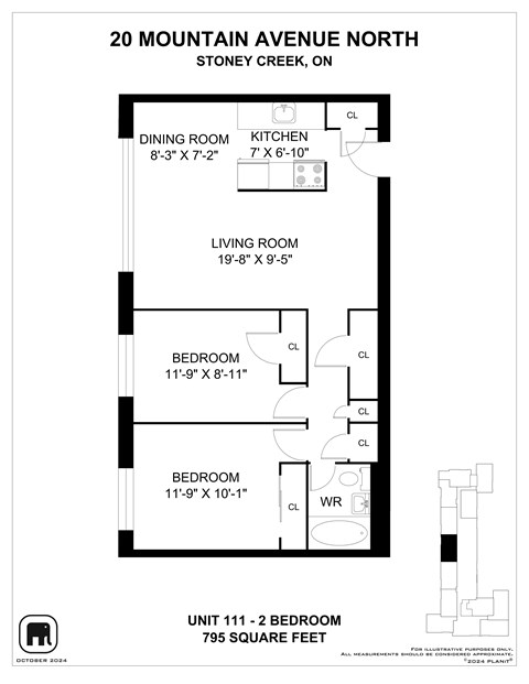 Floor plan for 2 beds, 1 bath, 797 sqft